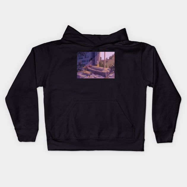 Lofi morning bedroom Kids Hoodie by Raquel